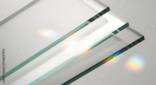 Close-up view of multiple clear glass sheets stacked, showing their smooth surfaces and beveled edges with light reflections and refractions.