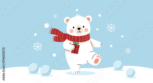 Cheerful polar bear wearing a red scarf and holding a Christmas gift, standing in the snow with snowflakes falling in the background.