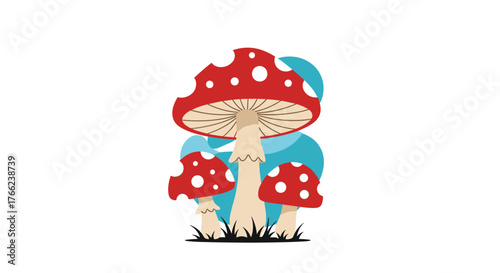 A whimsical illustration featuring a cluster of charming red mushrooms with white spots, set against a soft turquoise backdrop in a minimalist style.