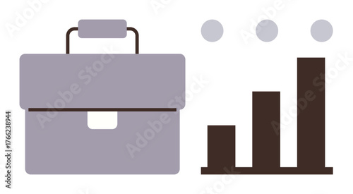 Briefcase paired with a bar chart of increasing heights. Ideal for business, work, career, finance, growth, entrepreneurship, strategy. A simple flat metaphor