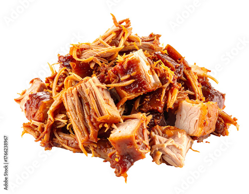 Pile of savory, seasoned pulled pork pieces, with shredded textures and rich color, on a transparent background