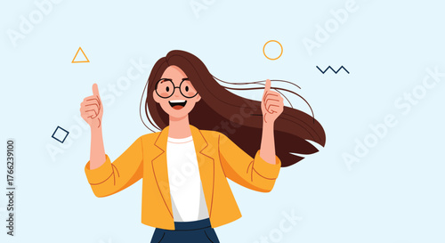 Cheerful young woman giving thumbs up, wearing glasses and a yellow blazer in a vector illustration with graphic shapes.