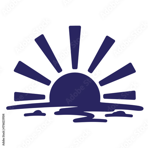 Simple doodle out line sunrise over water with rays of sunshine and clouds vector illustration