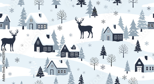 Winter scene with snow-covered houses, Christmas trees, and a deer, creating a festive and charming repeating pattern.