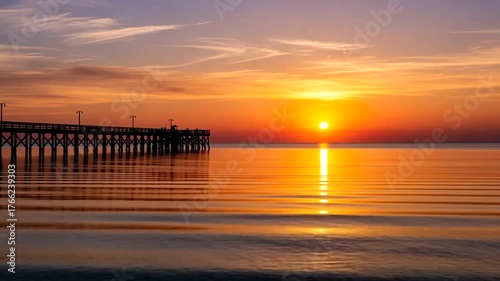 Serene sunset over calm waters with a wooden pier silhouetted against vibrant skies
