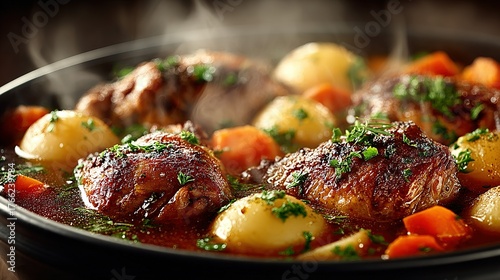 Fototapeta Naklejka Na Ścianę i Meble -  Steaming Chicken Stew with Potatoes and Carrots, Garnished with Fresh Herbs