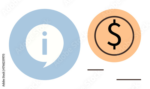 Blue info icon and orange dollar sign represent knowledge sharing, financial advice, money management. Ideal for business, investment, customer support, banking, e-learning, consulting simple flat