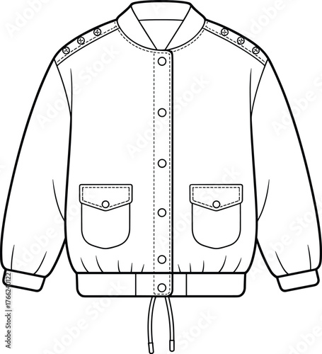 Modern Varsity Bomber Jacket Technical Flat Sketch Vector Illustration Snap Buttons Drawstring Hem Epaulets Flap Pockets Apparel Template Design.