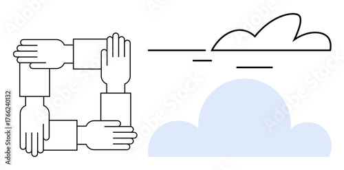 Four hands joined to form a square beside minimal cloud graphics. Ideal for teamwork, collaboration, cloud computing, support, unity, partnership, communication, and simple flat metaphor