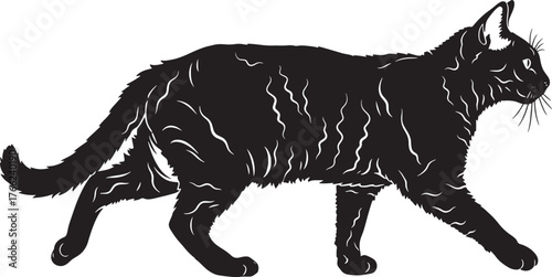 Elegant black cat silhouette walking gracefully side profile detailed fur texture for creative projects and designs