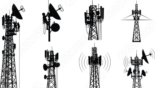 Telecom tower silhouettes, antenna mast, satellite dish, signal transmission, wireless network, black icons, blue highlight, coordinate overlay, infrastructure design