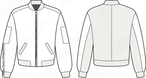 Classic Bomber Jacket Technical Flat Fashion Sketch Vector Illustration Full Zip Pockets Ribbed Cuffs Waistband Apparel Template Design Garment Front Back.