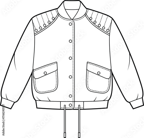 Stylish Women's Bomber Jacket Technical Flat Sketch Vector Illustration Snap Buttons Drawstring Hem Epaulet Detail Flap Pockets Apparel Design.