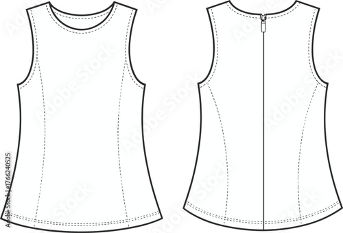 Women's Sleeveless Top Shell Technical Flat Sketch Vector Illustration Fitted Design Back Zipper Princess Seam Detail Apparel Template Front Back.