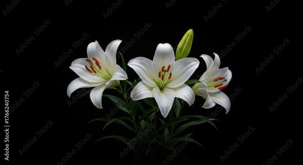 Fototapeta premium Elegant white lilies arranged in a beautiful bouquet against a dramatic black backdrop creating stunning contrast ,dark ,graceful ,romance