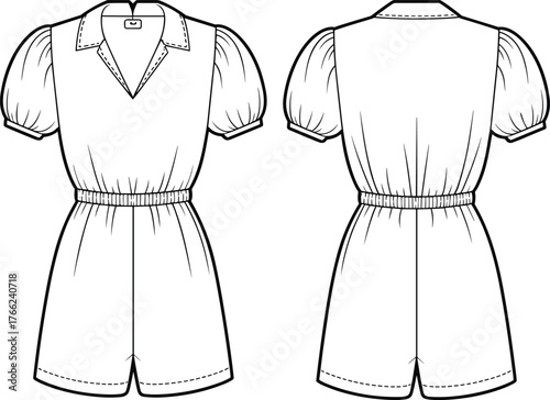 Fashion Romper Playsuit Flat Technical Sketch Vector Illustration Puff Sleeves V-Neck Collar Elastic Waist Shorts Jumpsuit Apparel Template Front Back.