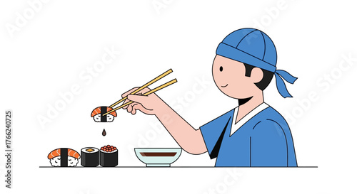 Sushi chef dips nigiri in sauce with makizushi alongside