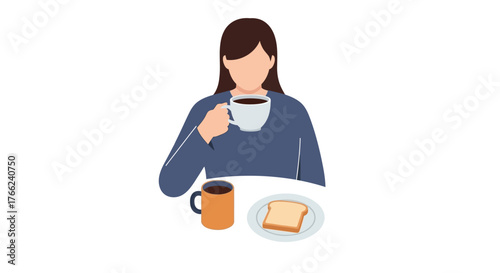 Woman drinking coffee and having toast at a table