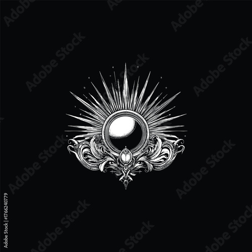 Dark and elaborate vintage engraving illustration of a mystical emblem, featuring a central mirror or eclipse disc, surrounded by sharp sunburst rays and complex ornamental swirls and flourishes