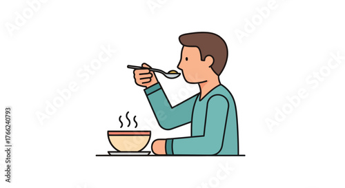 A cartoon man in a blue shirt eats soup from a bowl with a spoon