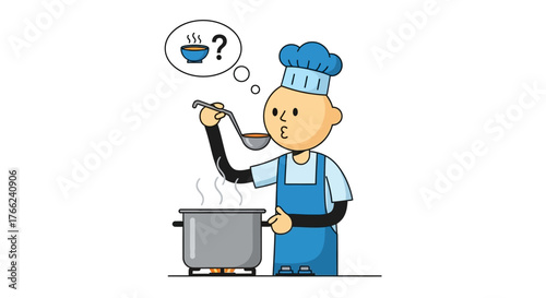 Cartoon chef in a blue apron tastes soup questioning seasoning above a steaming pot