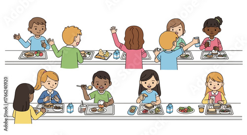 Cartoon children eat lunch at long cafeteria tables with food trays  drinks