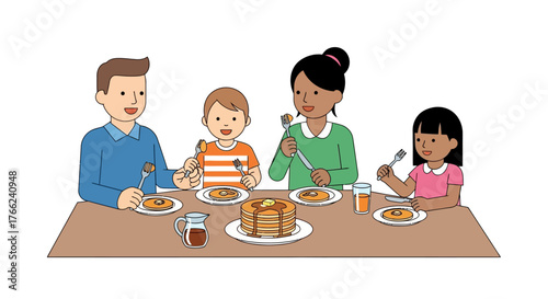 Cartoon family of four eating pancakes at a table