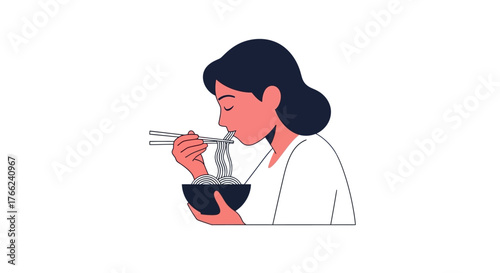 Cartoon of a woman eating noodles with chopsticks from a black bowl