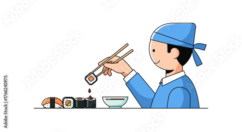 Chef dips sushi with chopsticks sushi soy sauce visible
