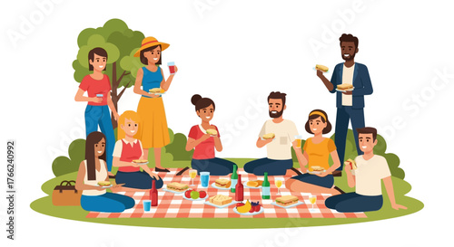 Cartoon people picnic ten individuals eat sandwiches on a checkered blanket amidst beverages  greenery