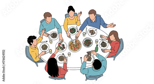 Group eating pizza pasta and salad at a round table with drinks