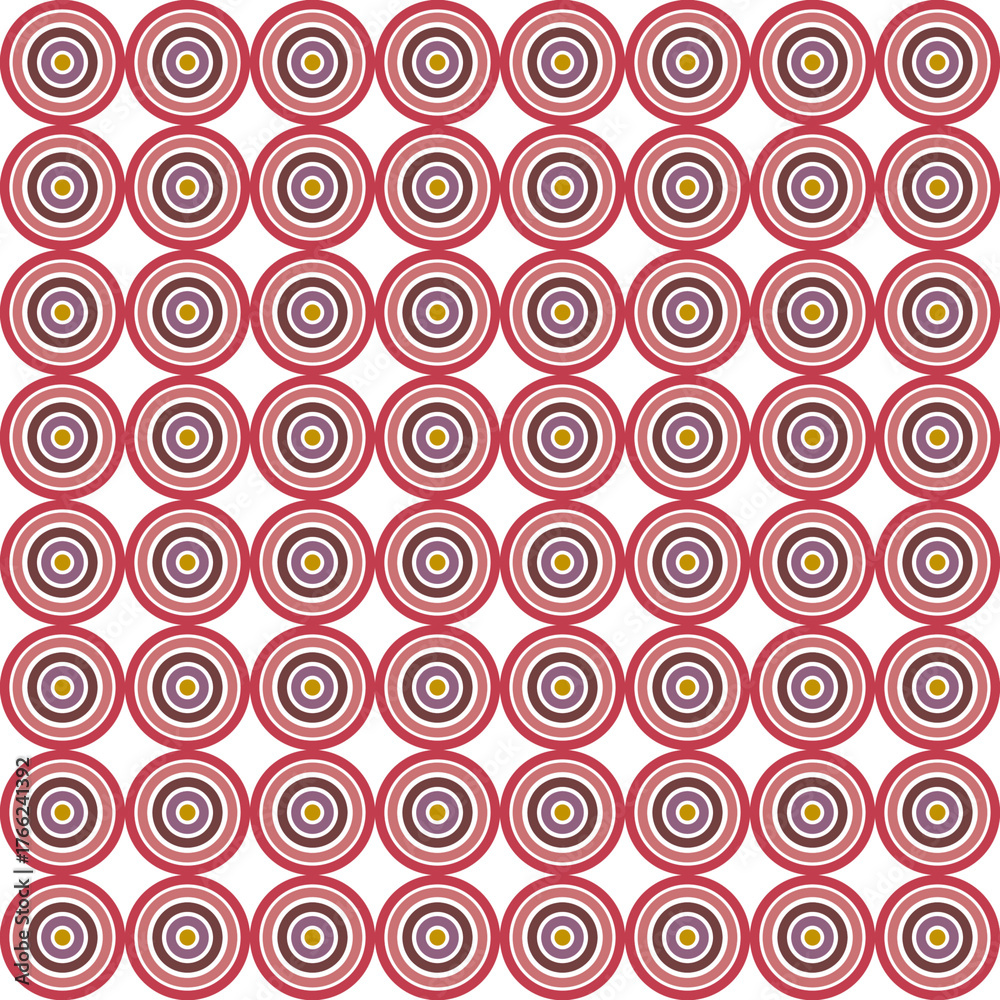 Fototapeta premium A geometric smooth (seamless) pattern with concentric circles of red, purple and yellow on a cream background