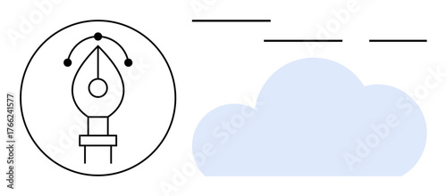 Pen tool icon with bezier handles inside a circle alongside a blue cloud and minimal lines. Ideal for creativity, graphic design, technology, online tools, innovation, brainstorming, art. Clean