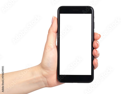 Pale hand holds a black smartphone. Screen is blank and white, isolated on a dark background