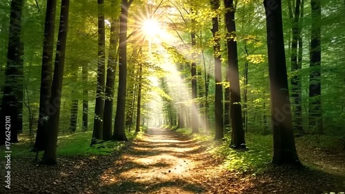 Sunlight streaming through lush green forest trees, illuminating a serene woodland path