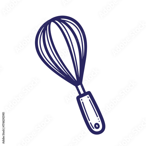 Simple hand drawn doodle outline illustration of a whisk for baking and cooking recipes