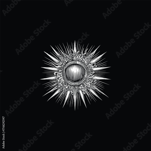 Intense and elaborate vintage engraving illustration of a celestial sun or cosmic orb emblem, surrounded by sharp radiating rays and detailed organic ornamental framework