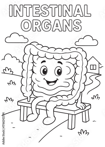 coloring book intestine sitting on bench cartoon anatomy illustration for kids