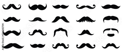 Mustache hipster icon set. Mustache silhouettes icon. Symbol of Fathers day. Barber Shop sign. Black mustache collection. Vector illustration.