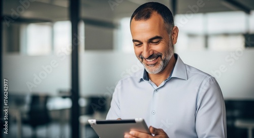 Confident businessman smiling while reviewing data on a tablet in a modern, bright office environment.