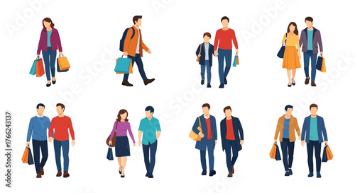 Diverse group of people walking with shopping bags in a city