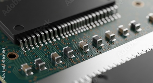 Detailed close-up of a modern electronic circuit board showcasing intricate pathways and surface-mounted components with a powerful microchip.