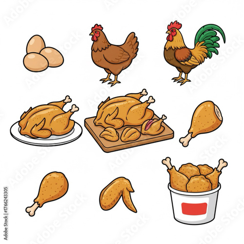 Images with chicken themes, chicken eggs, hens and roosters, whole chickens that have been cut up, chicken parts and fried chicken