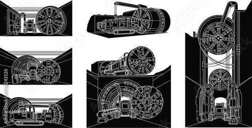 Tunnel boring machine CAD, engineering blueprint, mechanical design, cutter head illustration, underground construction, TBM views, technical drawing, infrastructure tool