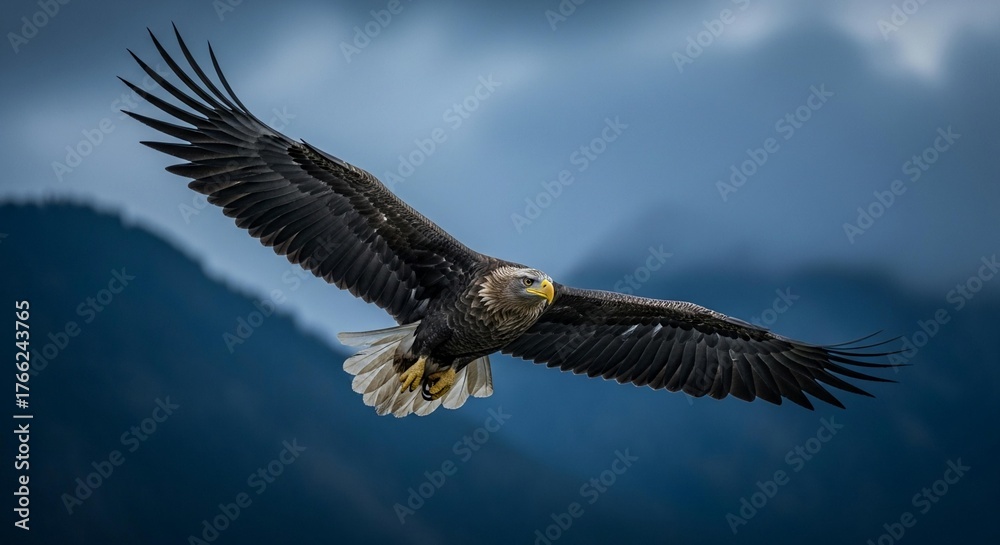 Obraz premium Majestic eagle soaring powerfully with wings spread wide against a dramatic cloudy sky and blurred mountain backdrop, symbolizing freedom and strength