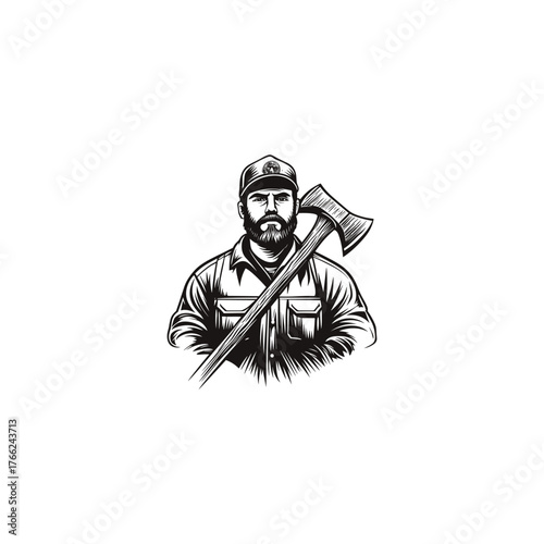 vintage engraving illustration of a confident, bearded lumberjack or woodsman wearing a work shirt and baseball cap, holding an axe across his chest