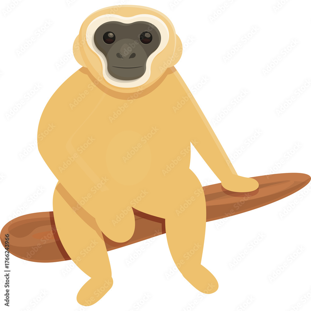 Naklejka premium Light Brown Gibbon Monkey Sitting On A Brown Branch Against A Transparent White Background Studio Lighting Minimalist Cartoon Style Illustration