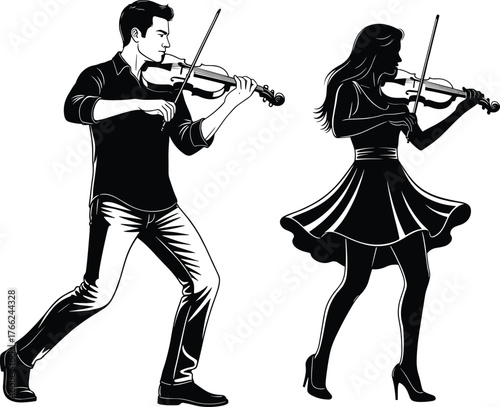 Violin player silhouettes, musical performance vector, black musician figures, expressive pose design, classical instrument art, standing and dancing violinists