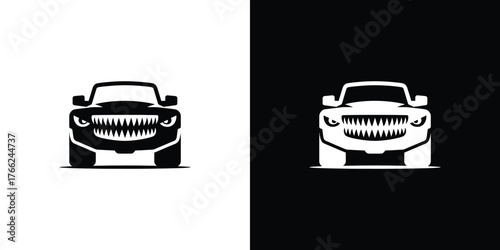 Monster Truck Front Grille with Teeth, Angry Eyes, Vehicle on Transparent Background