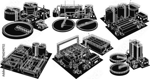 Water treatment plant icons, isometric facility design, industrial tanks, filtration system, environmental engineering, infrastructure illustration, municipal layout, sanitation process